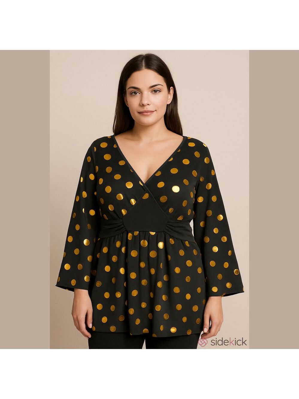 New Directions Black Blouse with Gold Polka Dots - Elegant Wrap-Style